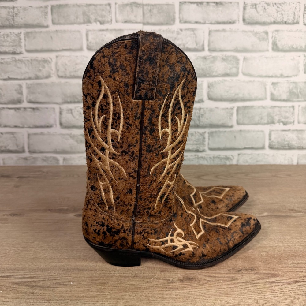 Justin Bent Rail Western Boots Cross Embroidered Distressed Brown Womens 7.5 B
